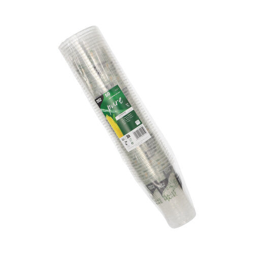 Un teanc de pahare transparente PAPSTAR de 50 PLA „Pahar din porumb“ de la PAPSTAR GmbH, învelite în plastic cu o etichetă verde cu inscripția „50 pahare“, o imagine cu porumb și un text care evidențiază aceste pahare ecologice.