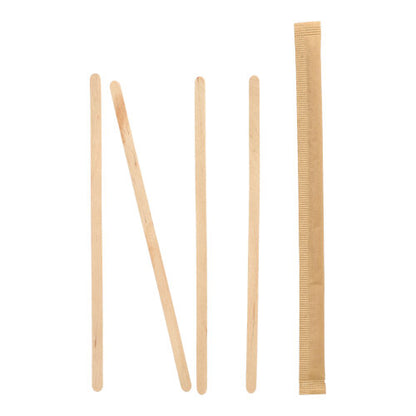 Patru PAPSTAR bețișoare de amestecat din lemn "pure" de 17,8 cm stau vertical, unul este înclinat, alături se află un bețișor de amestecat ambalat individual în folie - toate de la PAPSTAR GmbH pe un fundal alb.