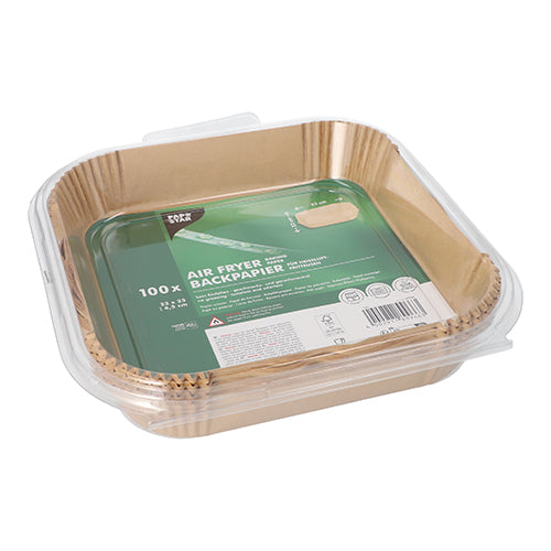 Un recipient din plastic transparent de la PAPSTAR GmbH conține 100 de hârtii de copt pătrate, antiaderente pentru friteuze cu aer cald pătrate. Eticheta verde oferă informații despre produs, simboluri ecologice și instrucțiuni de utilizare.