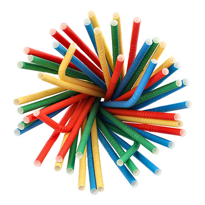 O vedere de sus a paielor colorate PAPSTAR Shake-Halme din hârtie (Ø 8 mm, 25 cm, sortate pe culori, flexibile, 100 de bucăți) ale PAPSTAR GmbH, aranjate într-un mănunchi circular cu paie ecologice roșii, albastre, verzi și galbene deschise pe alb.