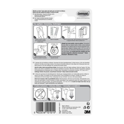 Ambalajul din spate al agățătorului Command™ pentru pânză de la 3M Deutschland GmbH cu cod de bare, detalii despre produs, logo-ul 3M și instrucțiuni ilustrate în franceză, germană și olandeză pentru aplicarea și îndepărtarea benzilor adezive.