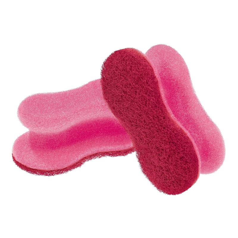 Doi bureți roz Scotch-Brite® Delicate Color Comfort care nu zgârie de la 3M Deutschland GmbH sunt reprezentați stivuiți pe un fundal alb. Ei curăță delicat suprafețele sensibile și nu lasă zgârieturi. Pachetul conține 2 bucăți.