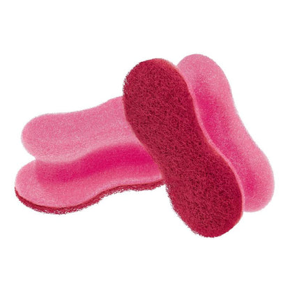 Doi bureți roz Scotch-Brite® Delicate Color Comfort care nu zgârie de la 3M Deutschland GmbH sunt reprezentați stivuiți pe un fundal alb. Ei curăță delicat suprafețele sensibile și nu lasă zgârieturi. Pachetul conține 2 bucăți.