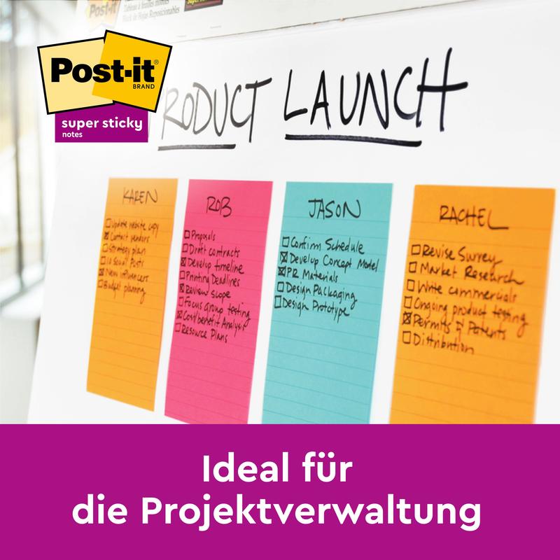 Patru foi galbene, liniare Post-it® Notes în format mare (101x101 mm) de la 3M pe un whiteboard cu sarcini și nume sub "Product Launch". Vizibil: logo-ul Post-it și "Ideal pentru managementul proiectului". 100% PEFC, 300 de foi/bloc.