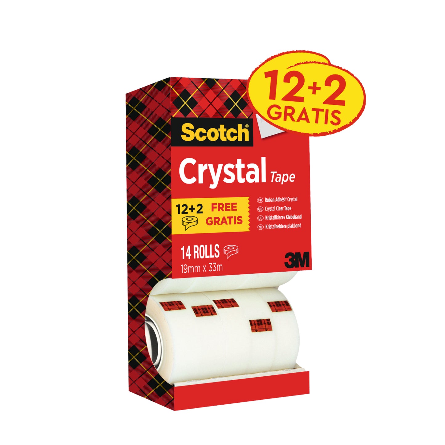 Eine Schachtel Scotch® Crystal Klebeband von 3M Deutschland GmbH, Vorteilspack mit 14 Rollen (19 mm x 33 m). Mit rot-kariertem Design, gelbem Etikett "12+2 GRATIS" und Markenverpackung.