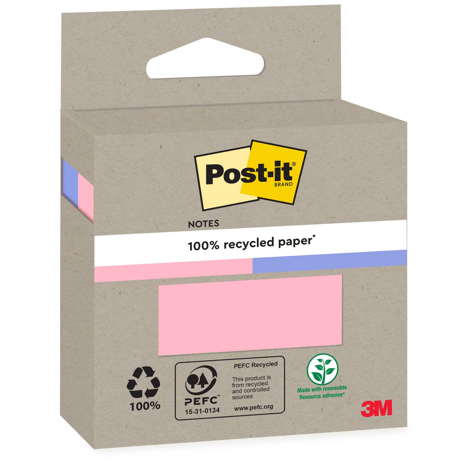 Eine braune Pappschachtel mit Post-it® Recycling Notes, 76x76mm, 100 Blatt, 100% PEFC von 3M Deutschland GmbH, mit Recycling- und PEFC-Logo, einer rosafarbenen Musternotiz und einem grünen Etikett "Made with renewable resource adhesive".