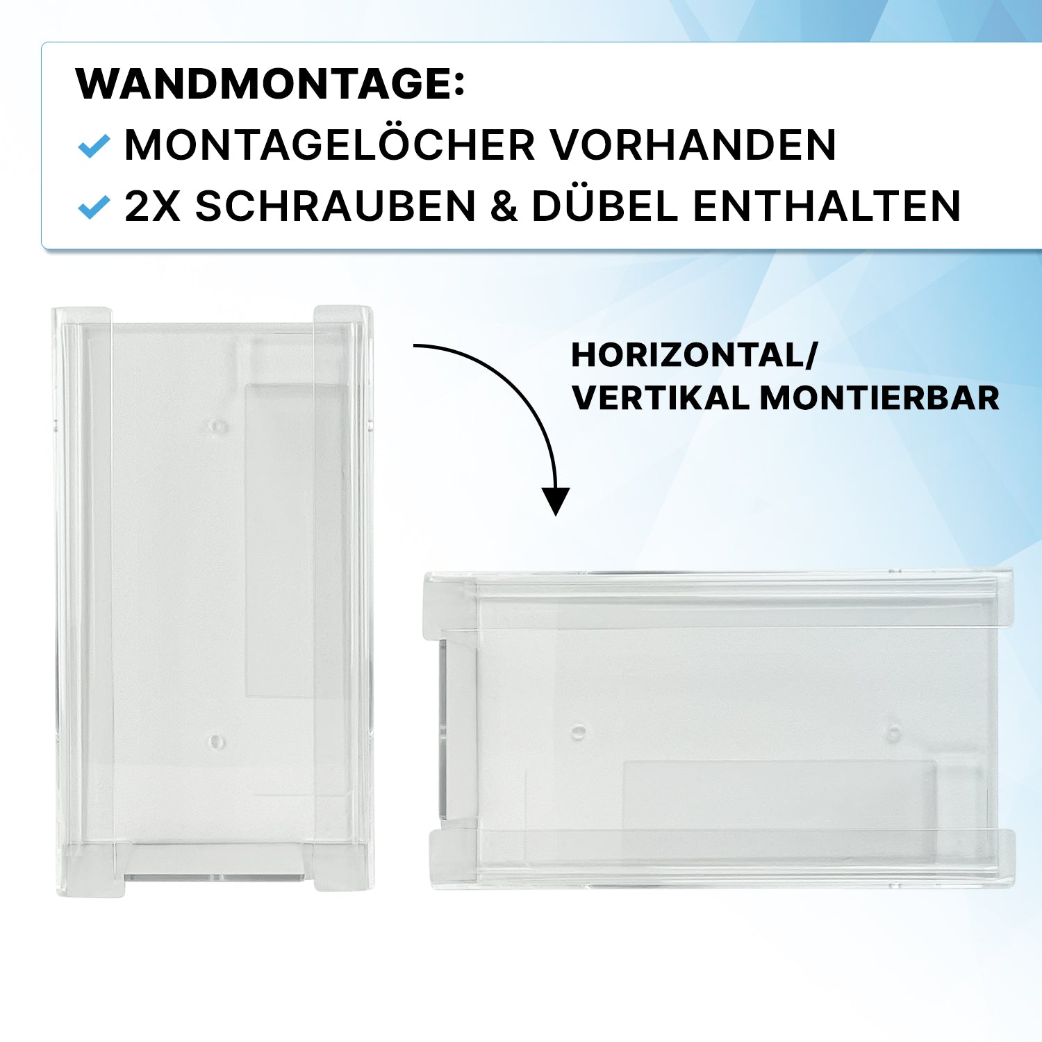 Zwei transparente ARNOMED Handschuhspender von ARNOWA GmbH für 3-fach Befüllung sind gezeigt, einer stehend, einer liegend. Deutsche Textinfos: vorgebohrte Löcher, Schrauben und Dübel dabei - perfekt zur flexiblen Aufbewahrung von Einmalhandschuhen.