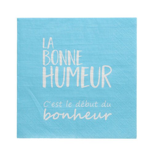 Cele PAPSTAR 20 de șervețele (33x33 cm, 3 straturi, albastre) ale PAPSTAR GmbH sunt prevăzute cu un text francez alb: "LA BONNE HUMEUR C'est le début du bonheur" ("Buna dispoziție este începutul fericirii").