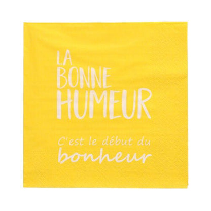 Șervețelele PAPSTAR 20 (33x33 cm, 3 straturi, colorate) de la PAPSTAR GmbH au în centru textul francez alb "LA BONNE HUMEUR C'est le début du bonheur".
