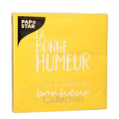 Un pachet de PAPSTAR 20 de șervețele, 33x33cm, 3 straturi, pliat 1/4, colorat de la PAPSTAR GmbH, cu culori vibrante și texte franceze vesele - perfect pentru a lumina orice ocazie.