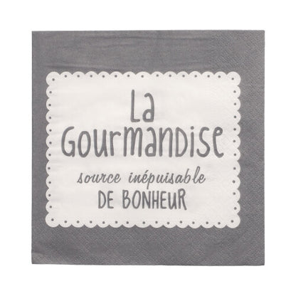 Șervețel gri cu 3 straturi PAPSTAR (33x33 cm, pliat 1/4) cu un dreptunghi alb și textul francez "La Gourmandise source inépuisable de bonheur". Marcă: PAPSTAR GmbH. Pachet de 20 bucăți.