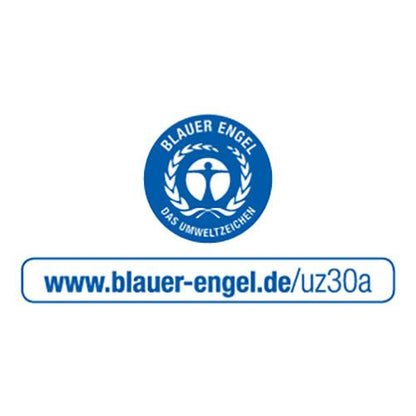 Ein blau-weißes Logo mit „Blauer Engel Das Umweltzeichen“ umkreist Starpak Müllsäcke, LDPE, 240l, 145x120cm, schwarz (8 Stück) und hebt umweltfreundliche Taschen hervor. Nachfolgend finden Sie die Webadresse: www.blauer-engel.de/uz30a.