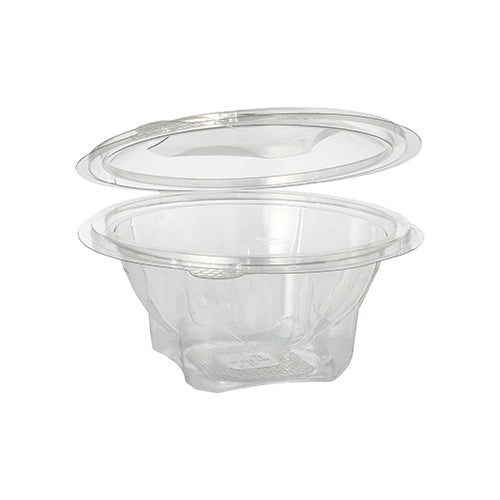 O cutie Starpak 50 pentru delicatese și salate cu capac rabatabil, R-PET transparent rotund, este prezentată deschisă și goală pe un fundal alb.