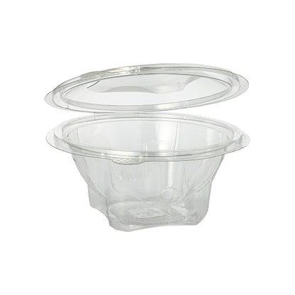 O cutie Starpak 50 pentru delicatese și salate cu capac rabatabil, R-PET transparent rotund, este prezentată deschisă și goală pe un fundal alb.