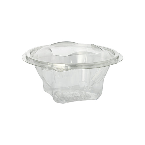 Cutiile Starpak 50 pentru delicatese și salate cu capac rabatabil sunt recipiente alimentare transparente, rotunde din R-PET de la Starpak, ideale pentru salate sau deserturi. Bolul gol, transparent apare pe un fundal alb simplu.
