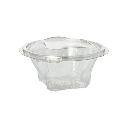 Cutiile Starpak 50 pentru delicatese și salate cu capac rabatabil sunt recipiente alimentare transparente, rotunde din R-PET de la Starpak, ideale pentru salate sau deserturi. Bolul gol, transparent apare pe un fundal alb simplu.