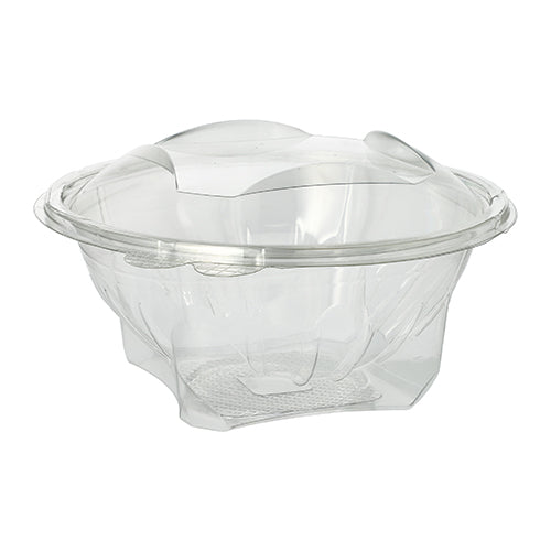 Cutiile Starpak 50 pentru delicatese și salate cu capac rabatabil sunt recipiente transparente, rotunde din R-PET, ideale pentru salate sau pentru a lua cu tine. Sunt prezentate goale pe un fundal alb simplu. Marca: Starpak.