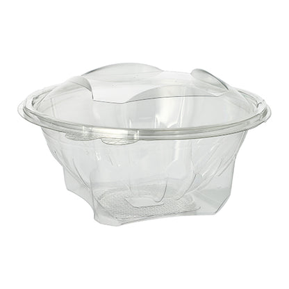 Cutiile Starpak 50 pentru delicatese și salate cu capac rabatabil sunt recipiente transparente, rotunde din R-PET, ideale pentru salate sau pentru a lua cu tine. Sunt prezentate goale pe un fundal alb simplu. Marca: Starpak.