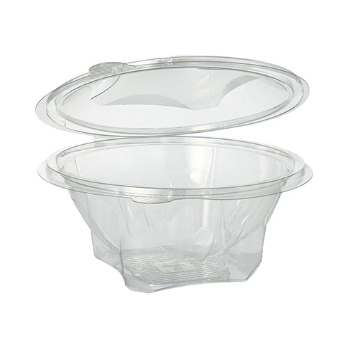 Cutiile Starpak 50 pentru delicatese și salate cu capac rabatabil sunt recipiente rotunde, transparente din R-PET, care sunt prezentate deschise și goale și sunt ideale pentru depozitarea alimentelor sau altor obiecte.