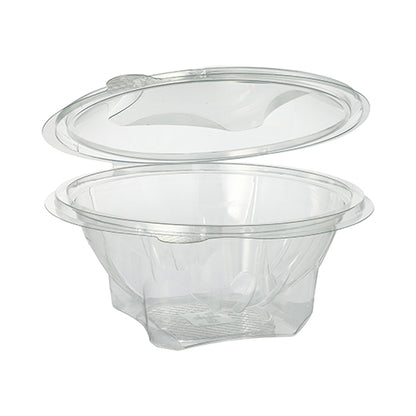 Cutiile Starpak 50 pentru delicatese și salate cu capac rabatabil sunt recipiente rotunde, transparente din R-PET, care sunt prezentate deschise și goale și sunt ideale pentru depozitarea alimentelor sau altor obiecte.