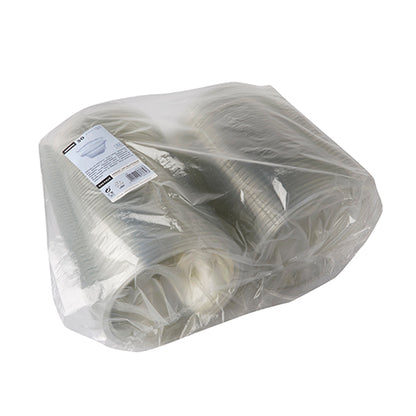 Un pachet învelit în folie de plastic transparentă conține 50 de cutii Starpak pentru delicatese și salate cu capac rabatabil, pahare rotunde R-PET transparente, stivuite și sigilate în partea stângă sus cu o etichetă albă.