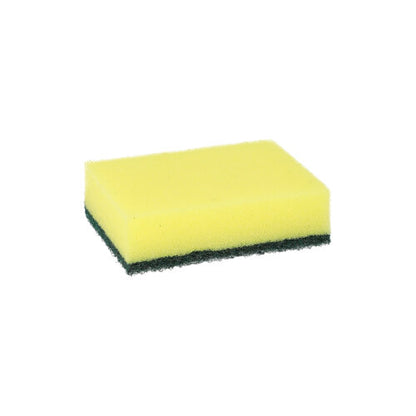 Un burete dreptunghiular Starpak galben-verde pentru curățarea oalelor (2,6 x 9 x 6,6 cm) cu un pad abraziv, ilustrat pe un fundal alb simplu; pachet de 6 bucăți.