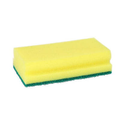 Buretele Starpak 3 Topfreiniger Schwamm Jumbo este un burete de bucătărie dreptunghiular galben-verde (4,1 x 14,8 x 8,5 cm) cu canelură de prindere și suprafață de frecare pentru curățare eficientă; ilustrat pe un fundal alb simplu. Set de 3 cu banderolă.