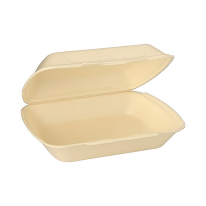 O cutie de meniu Starpak XPS pentru a lua la pachet (7,5 cm x 24,3 cm x 20,8 cm) din setul „Starpak 100 cutii de meniu cu capac rabatabil” este deschisă și goală pe un fundal alb, arătând designul său dreptunghiular bej.