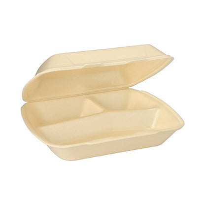 O cutie de meniu Starpak bej, dreptunghiulară, cu capac rabatabil (XPS, 3 compartimente, 7,5 x 24,3 x 20,8 cm) este deschisă și goală, arătând trei compartimente în interior.