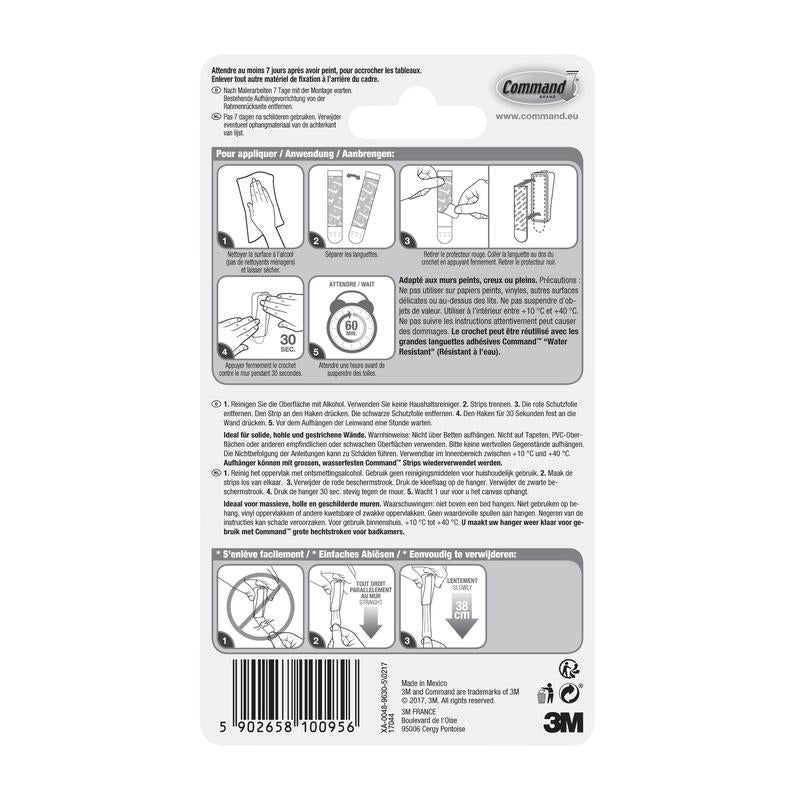 Partea din spate a unui ambalaj Command™ pentru agățători de pânză de la 3M Deutschland GmbH conține instrucțiuni ilustrate de utilizare/eliminare în patru limbi, un cod de bare în partea de jos, informații despre producător și logo-ul 3M.