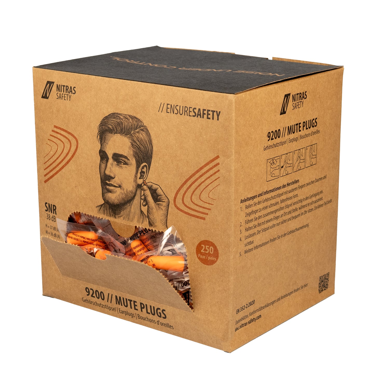 NITRAS MUTE PLUGS, dopuri pentru urechi, portocaliu, EN 352-2, 250 perechi / cutie PU | Pachet (1 bucata)