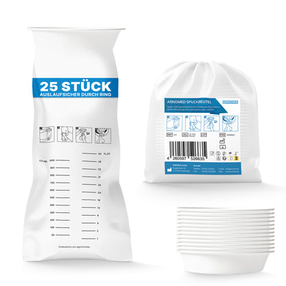 Das Bild zeigt einen ARNOMED Spuckbeutel mit Verschlussring von ARNOWA GmbH, mit Messmarkierungen, Anleitung, blauer/schwarzer Beschriftung, einem Stapel hygienischer Einwegbeutel und der "25 Stück" Verpackung als medizinisches Zubehör.