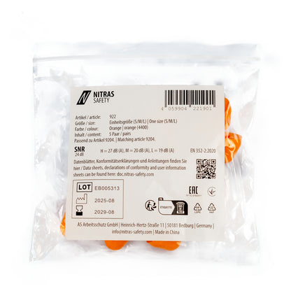 dopuri de urechi NITRAS, portocaliu, EN 352, punga de polietilena de 5 perechi | Pachet (1 bucata)