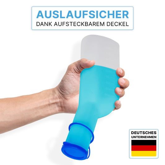Eine Hand hält die ARNOMED Urinflasche ECO Herren von ARNOWA GmbH mit hygienisch durchsichtigem Deckel; oben betont deutscher Text das auslaufsichere Design, unten rechts ist das ARNOWA-Logo mit deutscher Flagge sichtbar.