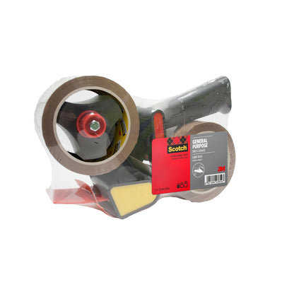 Dispenserul 3M cu mâner tip pistol conține un distribuitor negru-roșu cu etichetă gri, precum și două role de bandă adezivă Scotch® multifuncțională, maro, silențioasă (50 mm x 66 m) și este ambalat original.