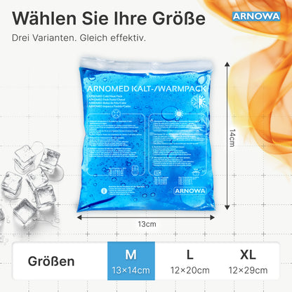 Ein blaues ARNOMED KALT-/WARMPACK Wiederverwendbare Kalt-/Warm-Kompressen (13 x 14 cm) der ARNOWA GmbH ist auf einem Gitter abgebildet, mit deutschem Text, Eiswürfeln, orangefarbenen Wirbeln und drei Größenoptionen zur Schmerzlinderung.