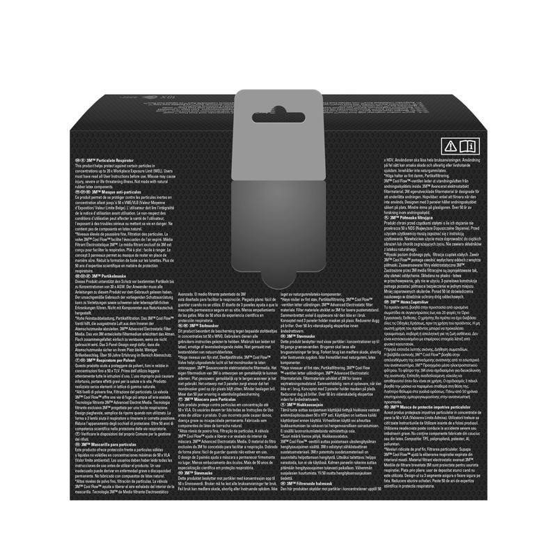 Imaginea arată partea din spate a unei măști de particule negre 3M™ Aura™ Comfort Cool Flow™ 9332+ FFP3 de la 3M Deutschland GmbH cu text dens alb multilingv, o agățătoare gri sus și două simboluri mici în colțul din dreapta sus.