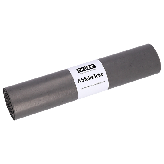 Abgebildet ist eine DEISS 94030 Müllsackrolle (340+300x740x0,05 mm, grau, 25 Stück) der EMIL DEISS KG (GmbH + Co.) mit einem weißen Etikett mit der Aufschrift "DEISS Abfallsäcke" auf einfarbig weißem Hintergrund.