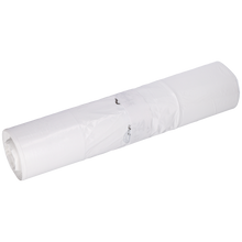 Ein aufgerollter EMIL DEISS KG Müllbeutel (DEISS 96030 - 400+200x700x0,035 mm weiß, Rolle mit 50 Stück) ist mit durchsichtigem Klebeband und einem kleinen Metallschlüsselring vor einem schlichten weißen Hintergrund befestigt.