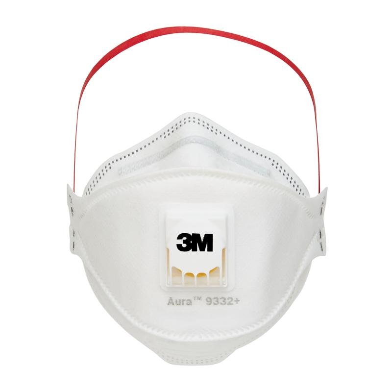 Masca de particule 3M™ Aura™ Comfort Cool Flow™ 9332+, FFP3, de la 3M Deutschland GmbH este o mască facială albă cu bandă roșie pentru cap, supapă de expirație integrată și logo-ul 3M pe partea frontală.