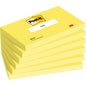 Abgebildet ist ein Stapel von sechs gelben Post-it® Notes (76 mm x 127 mm, 100 Blatt/Block, 100% PEFC) der 3M Deutschland GmbH mit dem Post-it® Logo und einem "notes"-Etikett oben und dem 3M Logo in der rechten unteren Ecke.
