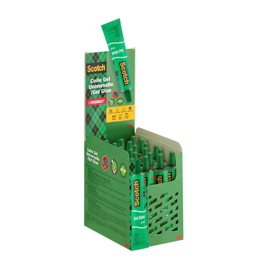 Un carton de afișaj verde conține 24 de tuburi de adeziv lichid Scotch® (30 ml) de la 3M Deutschland GmbH; un tub stă în picioare. Ambalajul prezintă informații despre produs în mai multe limbi și imagini care evidențiază utilizarea adezivului puternic.
