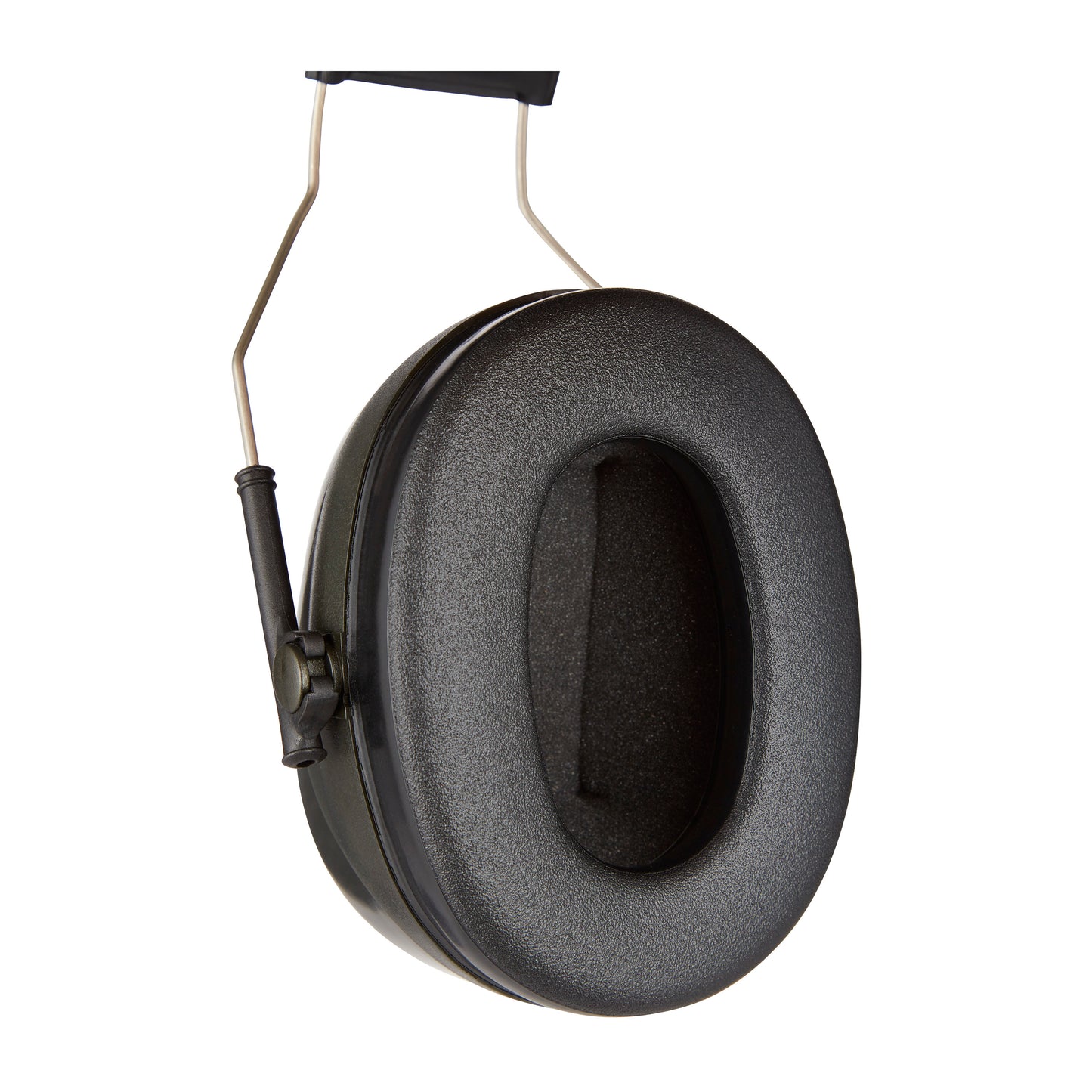 Eine Nahaufnahme des 3M™ PELTOR™ Optime™ II Kapselgehörschutz H520A (SNR 31 dB, Grün) der 3M Deutschland GmbH zeigt das ovale Ohrpolster mit schwarzer Strukturpolsterung und Metallbügel vor weißem Hintergrund.