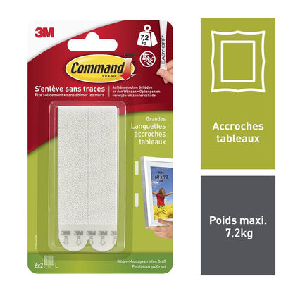 În imagine este un pachet de 3M Deutschland GmbH Benzi de montare pentru imagini Command™ L, 6 seturi în pachet avantajos (17206-6), în ambalaj roșu cu dungi albe în interior. Textul francez evidențiază agățarea ușoară a imaginilor până la 7,2 kg fără cuie.
