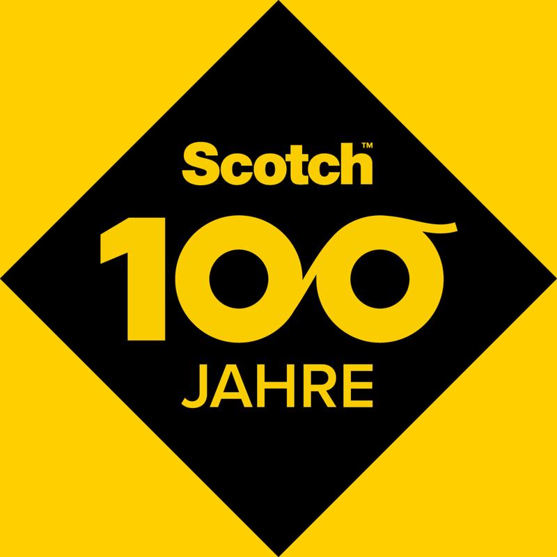 Logo-ul pentru banda izolatoare universală Scotch® (10 m x 15 mm) de la 3M Deutschland GmbH arată "Scotch 100 de ani" în galben și negru, cu două zerouri ca simbol al infinitului într-un romb negru pe fundal galben.