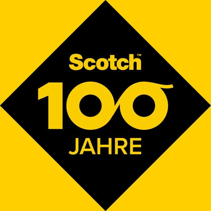 Un logo galben-negru cu „Scotch” peste „100” sărbătorește 100 de ani de bandă adezivă dublă Scotch® (12,7 mm x 7,89 m) de la 3M Deutschland GmbH. Designul arată un romb negru pe fundal galben, dedesubt scrie „ANI”.