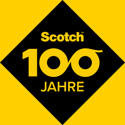 Eine schwarze Raute auf Gelb zeigt "Scotch 100 Jahre" in Gelb, mit Nullen als Unendlichkeitszeichen - und feiert das Scotch® Transparentes Klebeband 550, 19 mm x 66 m, Packung mit 8 Rollen, der 3M Deutschland GmbH, in seinem ikonischen Design.