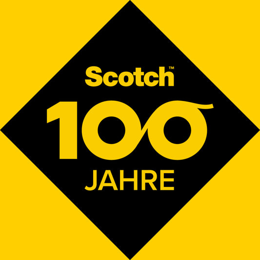 Ein gelb-schwarzes Logo mit dem Schriftzug "Scotch" über "100" und "JAHRE" feiert das 100-jährige Bestehen des Scotch® Transparentes Klebeband 550 (19 mm x 66 m, 8 Rollen) der 3M Deutschland GmbH.