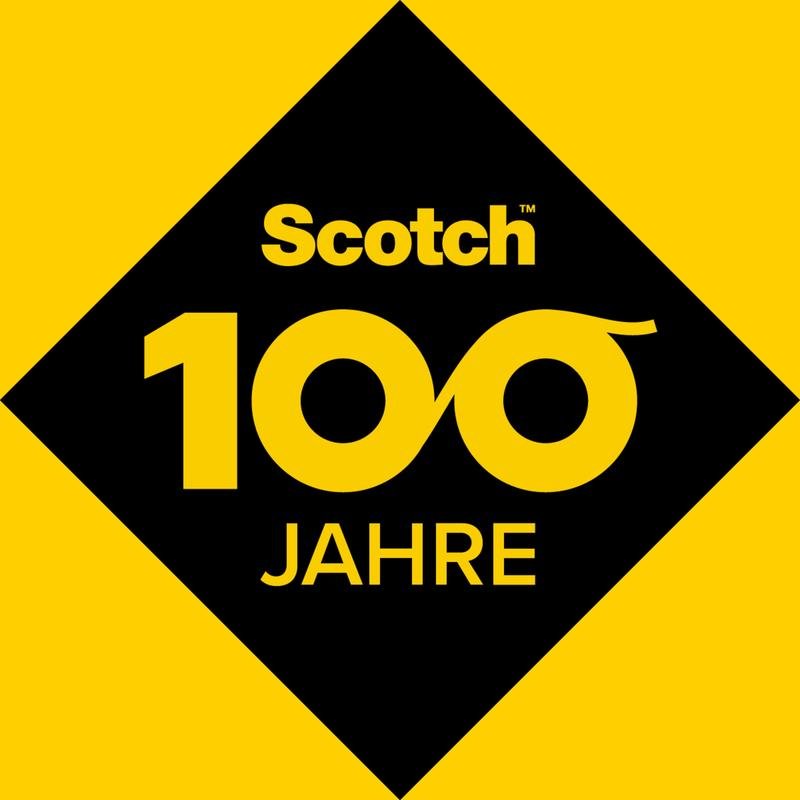 Banda adezivă de ambalare Scotch® pentru o închidere sigură (50 mm x 50 m) de la 3M Deutschland GmbH prezintă un logo galben-negru cu inscripția "Scotch" deasupra unei stilizări "100" și "ani", care sărbătorește centenarul Scotch.