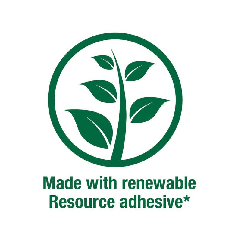Un simbol circular verde cu o plantă stilizată și textul "Made with renewable Resource adhesive*" subliniază că Post-it® Notes în format mare, galben, liniat (100% PEFC) de la 3M Deutschland GmbH sunt notițe ecologice.